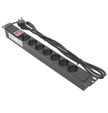 Блок PDU TERACOM 19дюйм 1U 16А/250В 7 роз. Schuko с выключат. шнур 2м 3х1.5кв.мм вилка Schuko корпус пластик черн. EKF TRC-HPD-LS-16A-7SH-2MSH